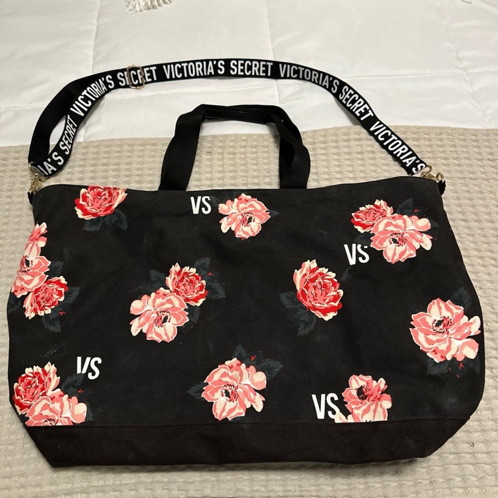 Victoria's Secret Black Floral Canvas Tote with Pink Rose Motif